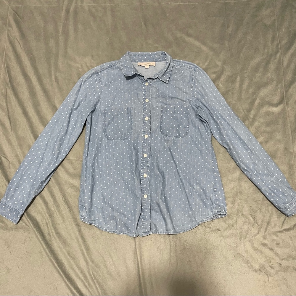 LOFT Chambray White Polka Dot Button Down Blouse EUC Size M